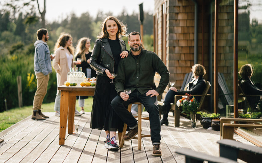 Jason and Alayne MacIsaac founders of Sheringham Distillery crafting premium gin and spirits in their original garage distillery in Shirley BC Vancouver Island